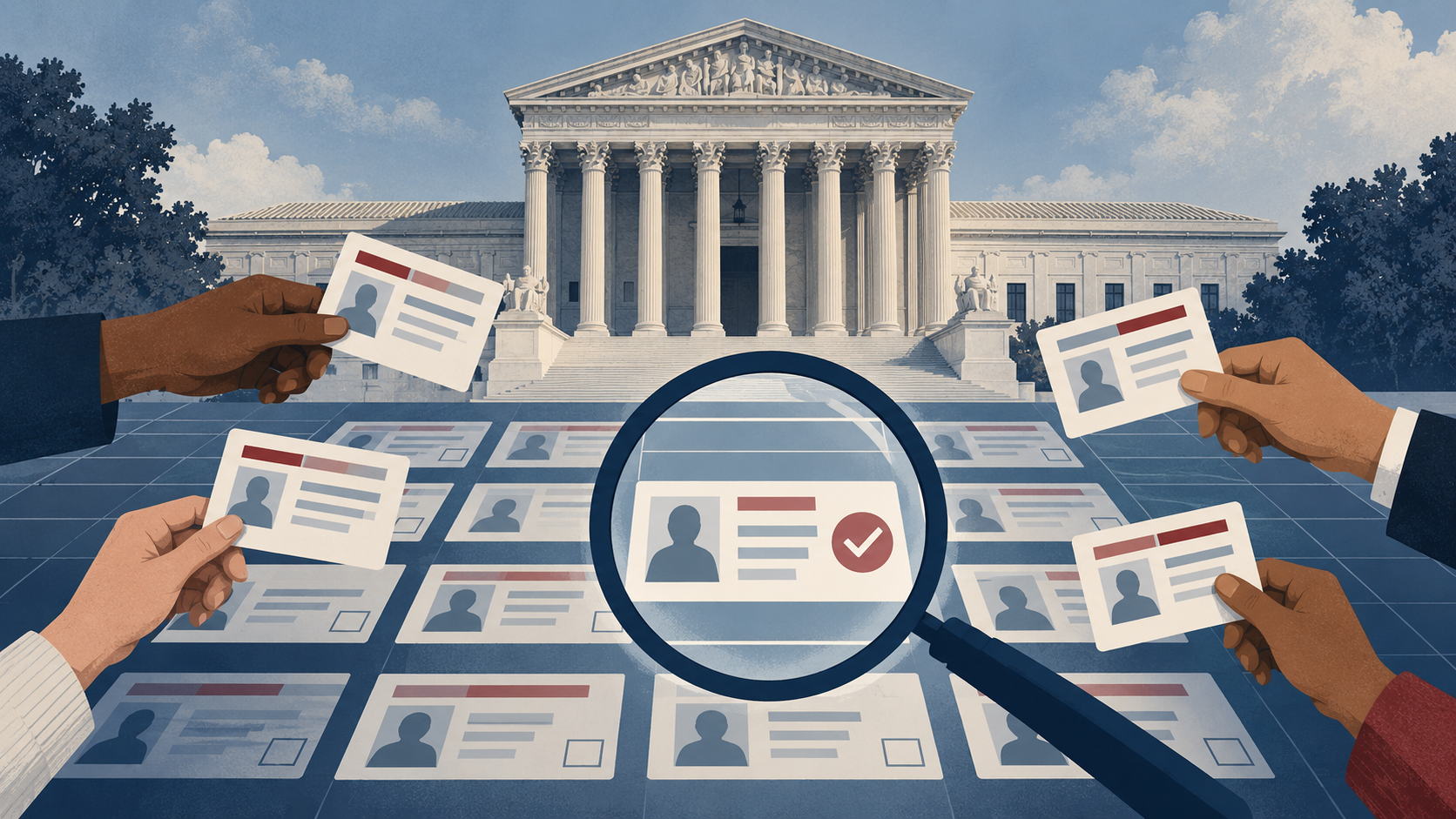 Original editorial illustration of voter records being reviewed in front of the U.S. Supreme Court