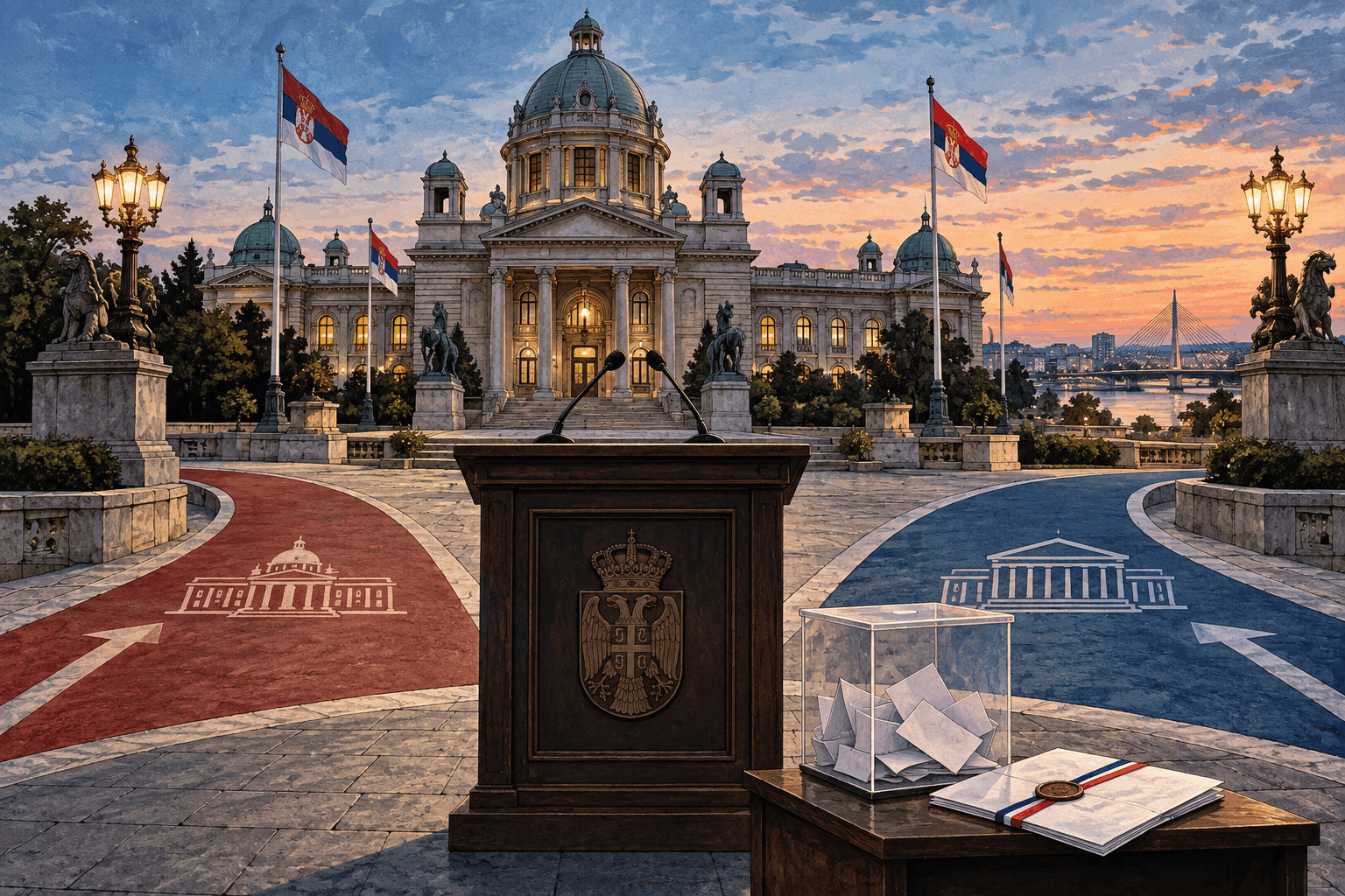 Original editorial illustration of an empty Serbian presidential lectern beside a ballot box and two civic paths