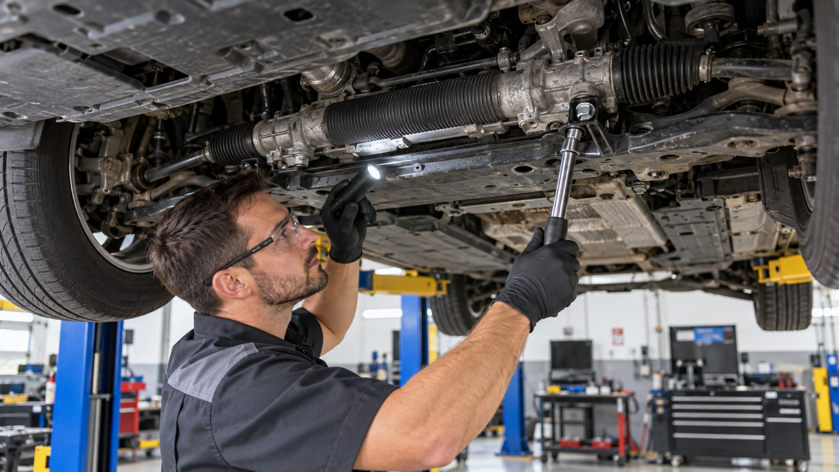 Original editorial illustration of a technician inspecting a vehicle steering rack