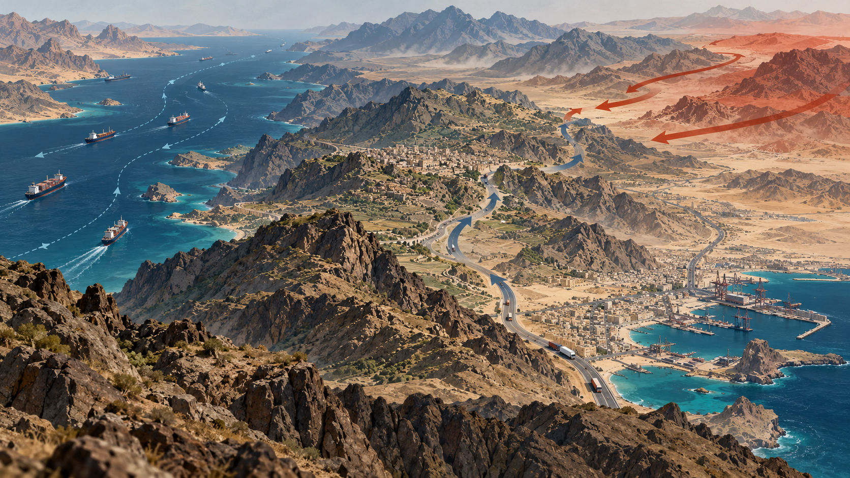 Editorial illustration of Yemen’s mountain roads and Red Sea shipping route with opposing movement arrows