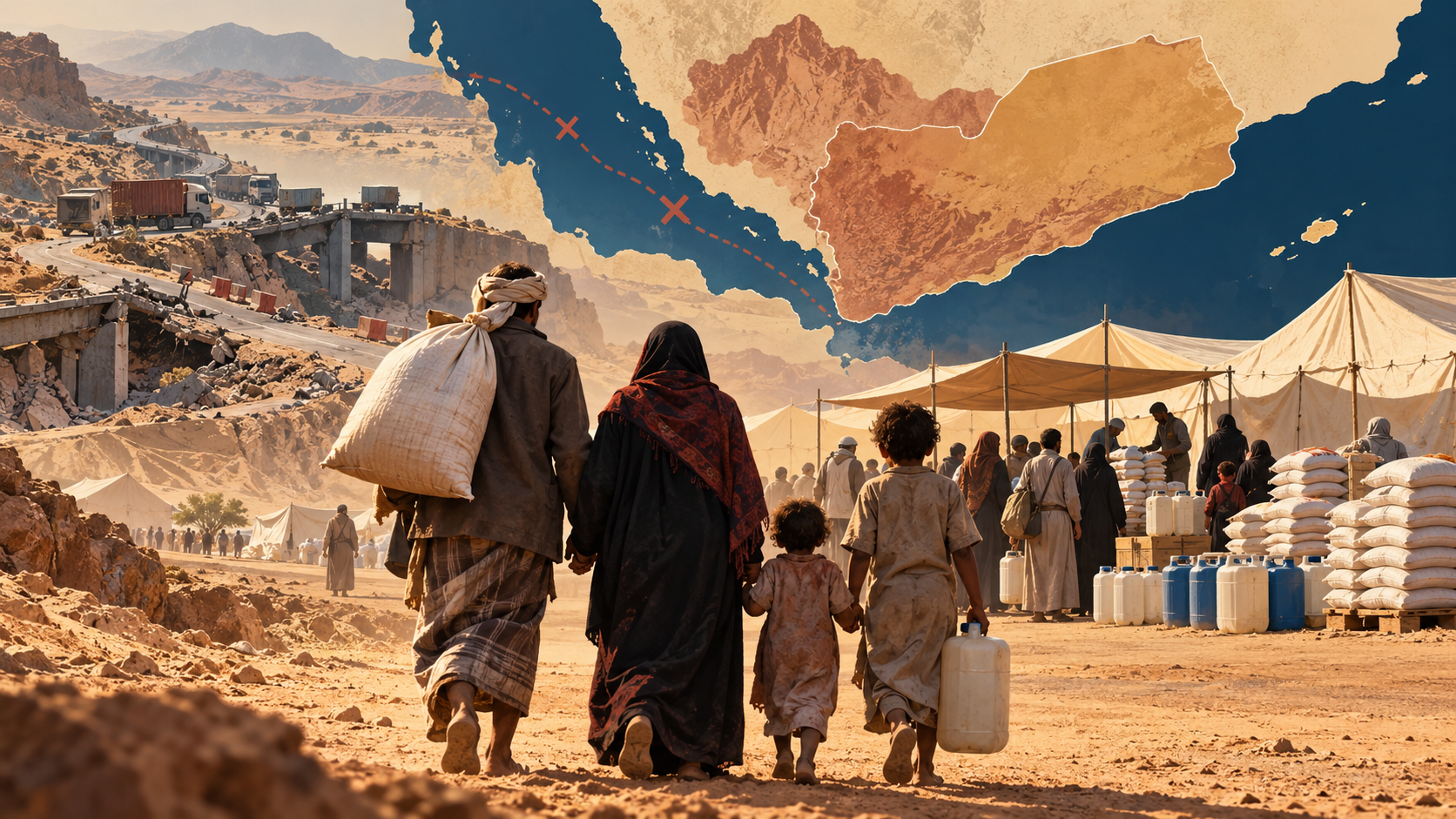 Editorial illustration of a Yemeni family approaching a humanitarian food distribution site beneath a map of Yemen and disrupted supply routes